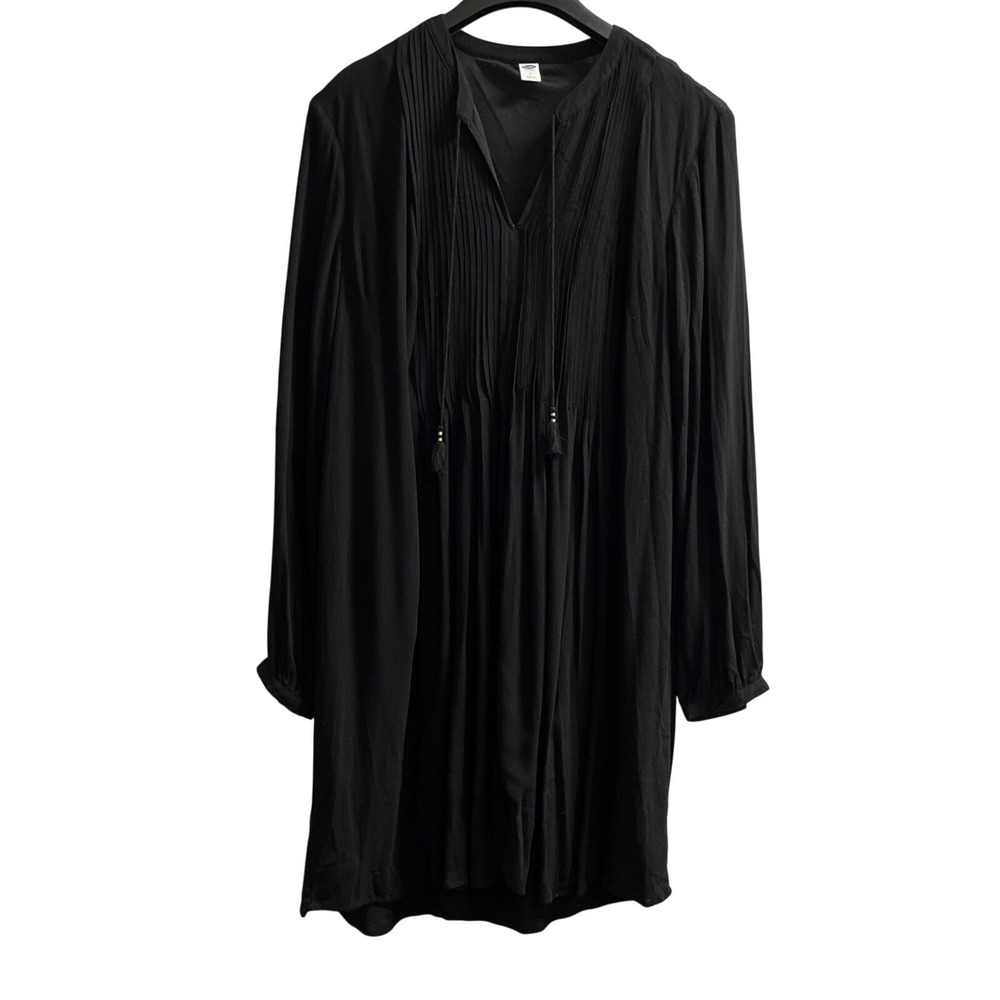 Old Navy Dress Black Pleated Shift Midi Tassel V Neck Size L Wedding Guest Event